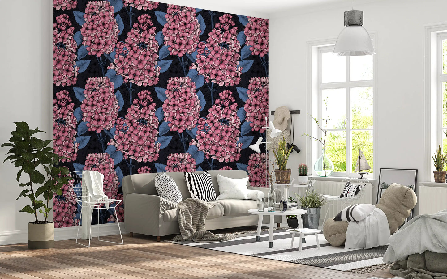 Relax inside a modern lounge outfitted perfectly with this Lilac Wallpaper motif.