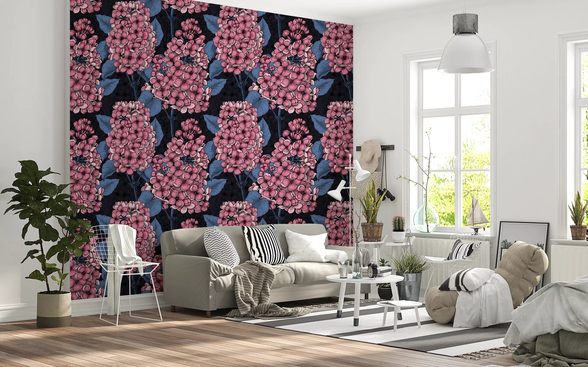 Relax inside a modern lounge outfitted perfectly with this Lilac Wallpaper motif.