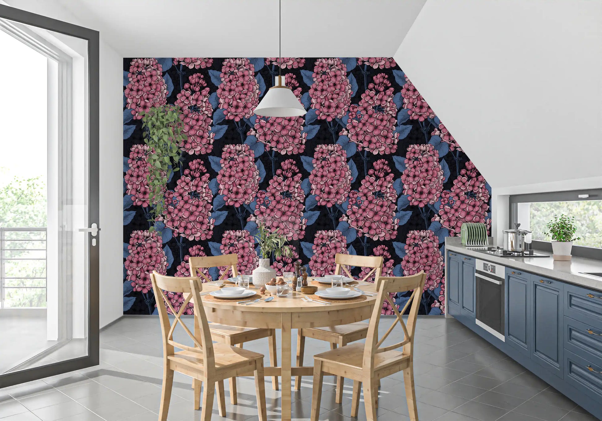 The Lilac Wallpaper exhibits highly detailed pink petals over a dark base.