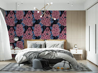 This minimalist bedroom uses the Lilac Wallpaper to create visual depth.
