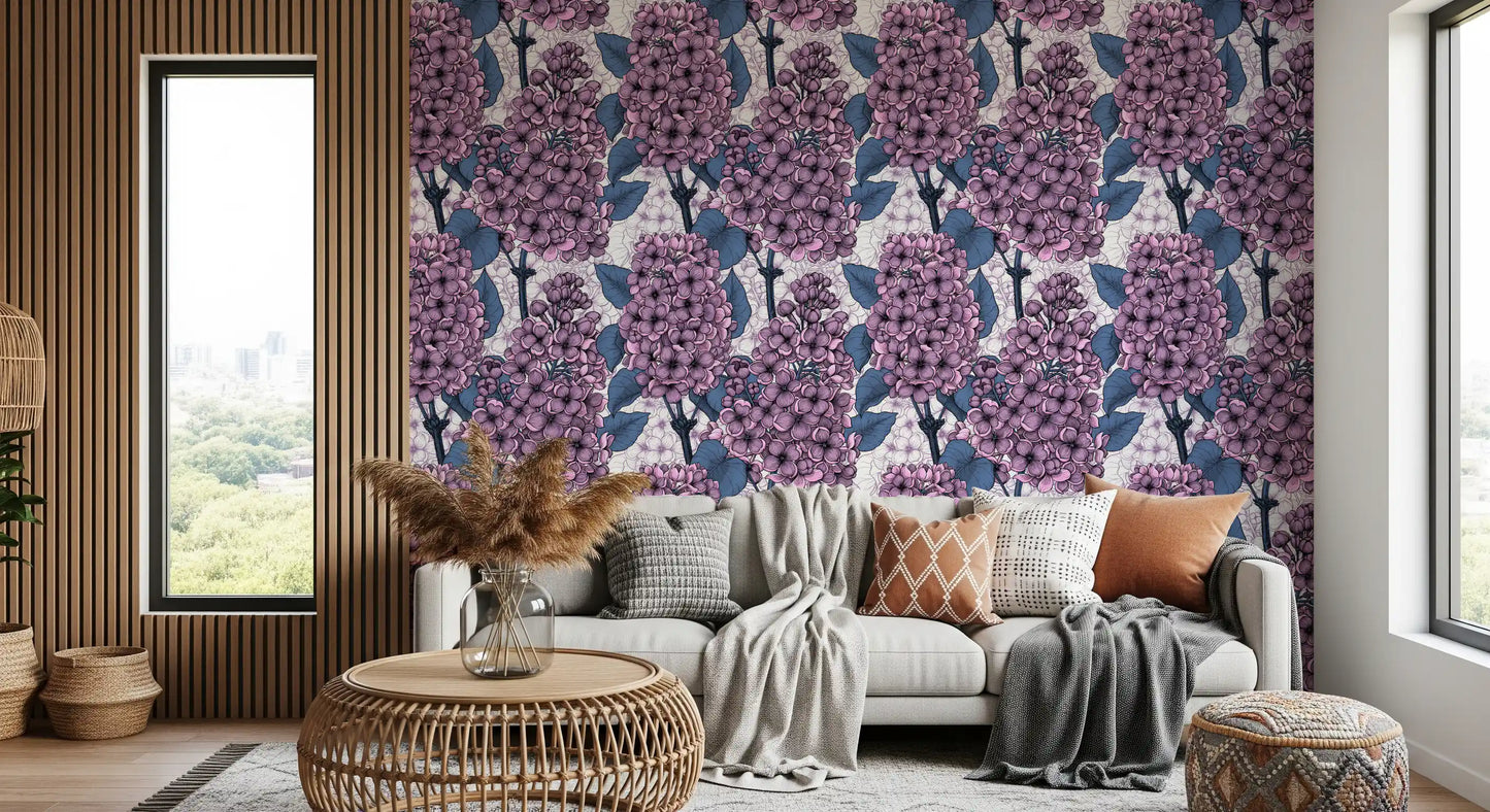 A cozy lounge feels truly inviting with the installed lilac wallpaper design.