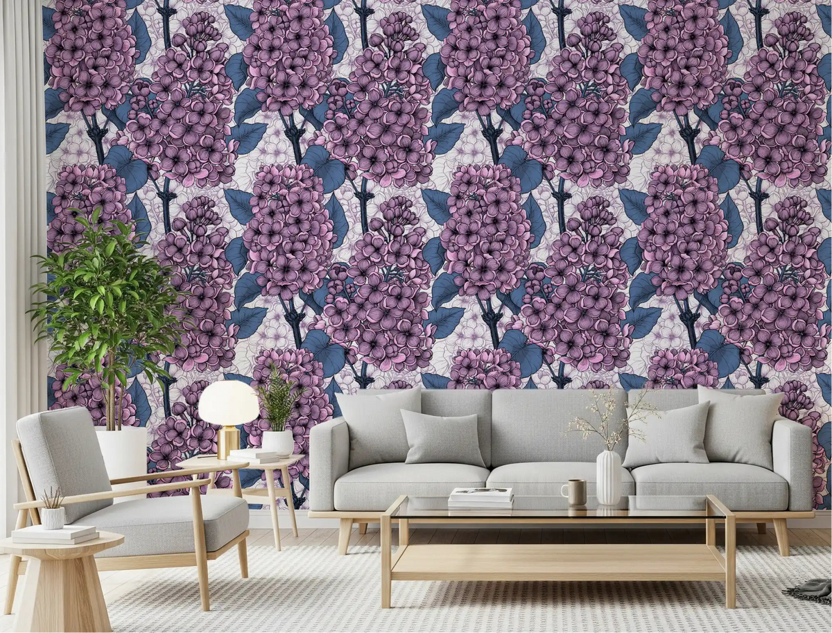 Lilac wallpaper adds a fresh and vibrant botanical look to the living room area.