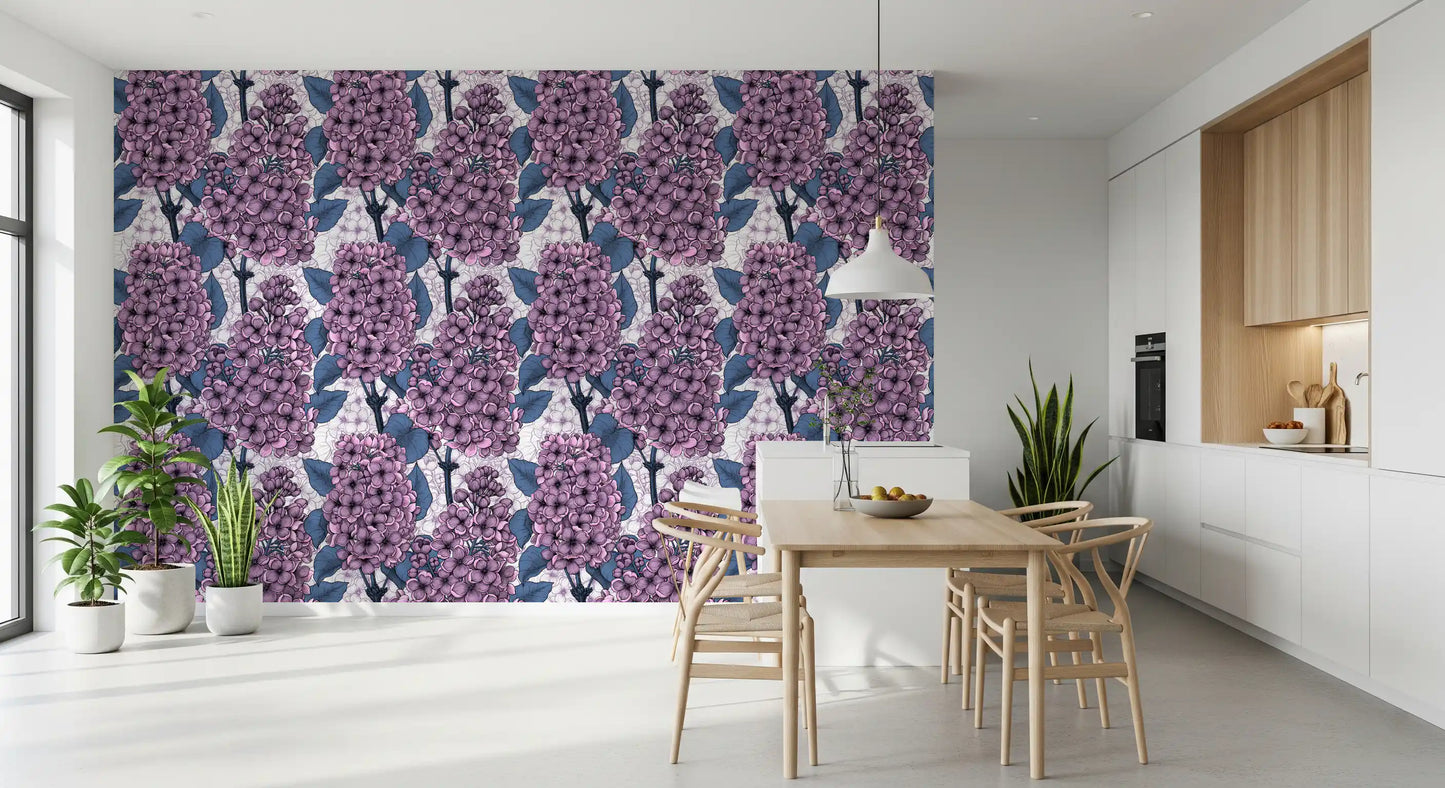 Stylish lilac wallpaper perfectly accents the modern kitchen dining area space.