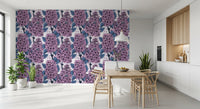 Stylish lilac wallpaper perfectly accents the modern kitchen dining area space.