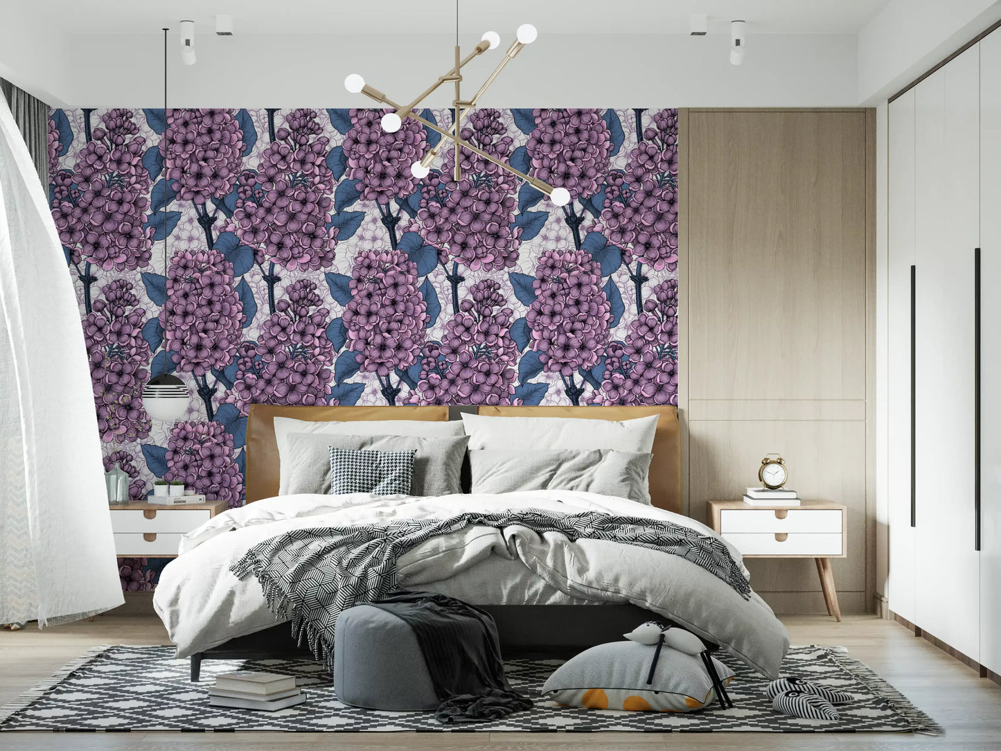 This lilac wallpaper brings a sophisticated garden charm to the Living room space.