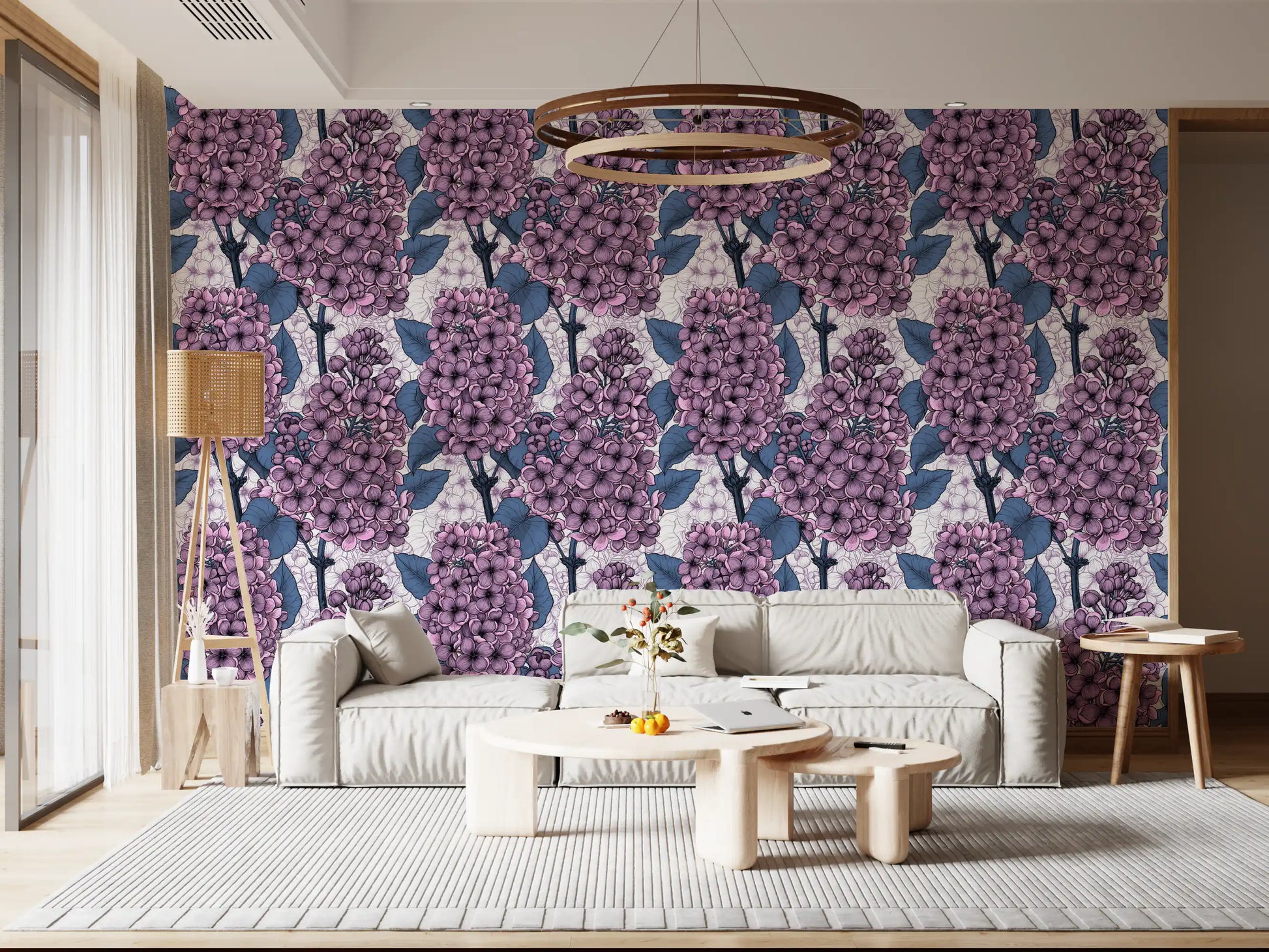 Enhance the Living room with the detailed botanical beauty of lilac wallpaper.