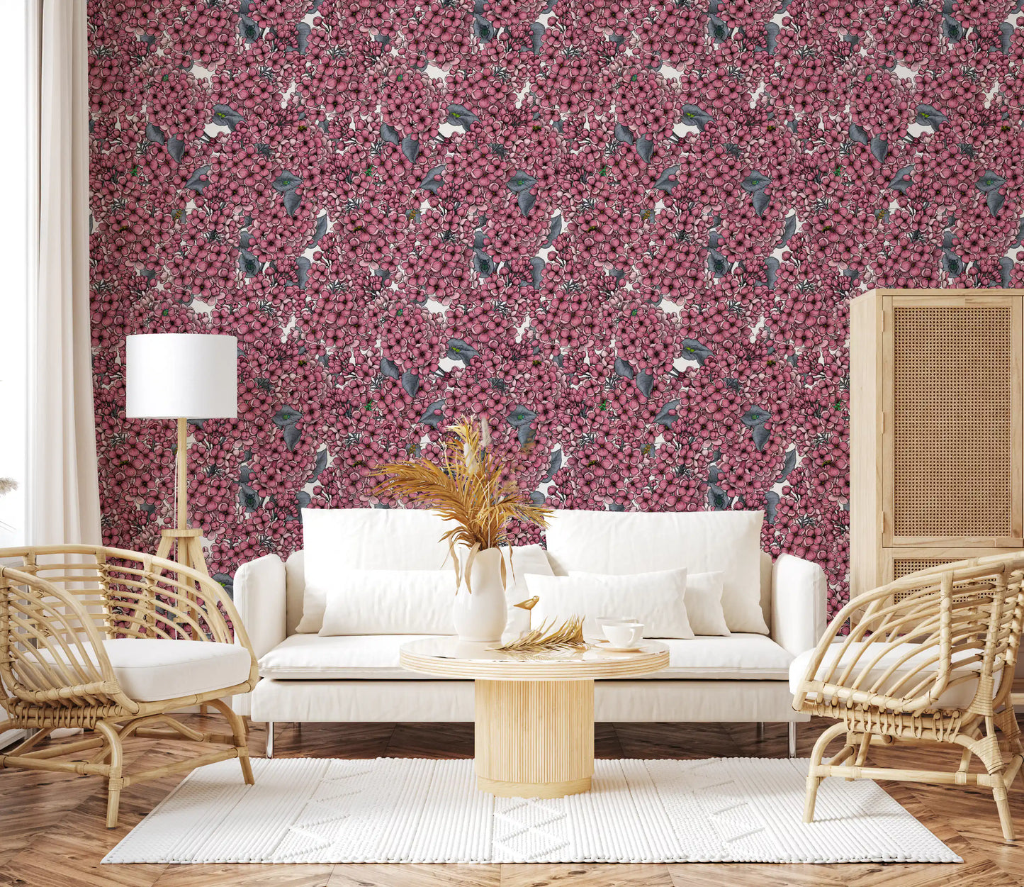 Foliage provides deep contrast against the bright blossoms on this wallpaper.