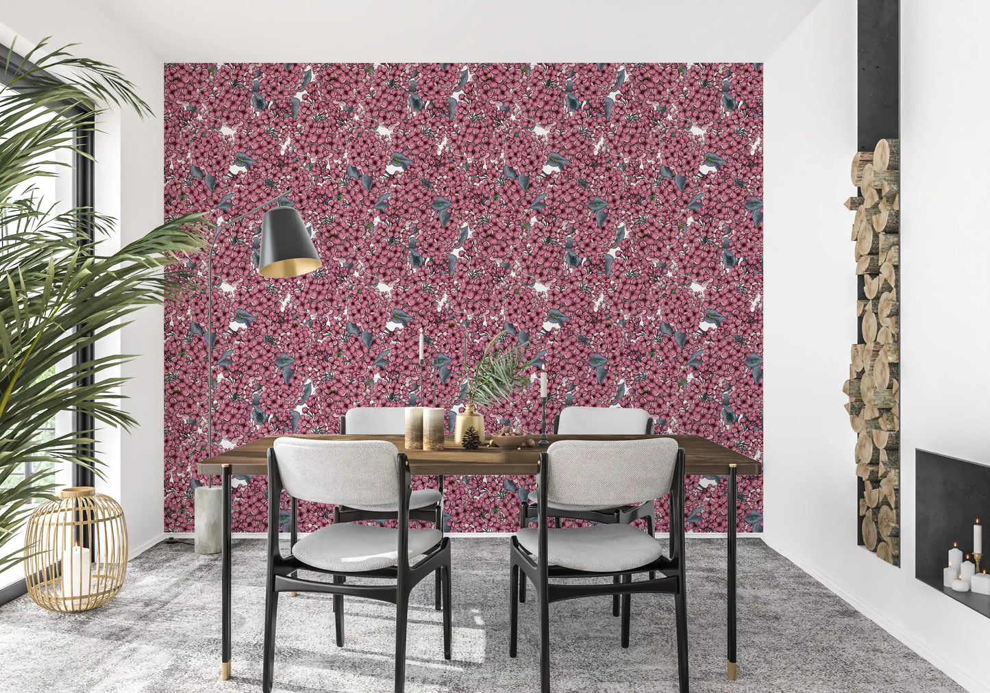 An airy Dining room features the striking Pink Lilac garden wallpaper.