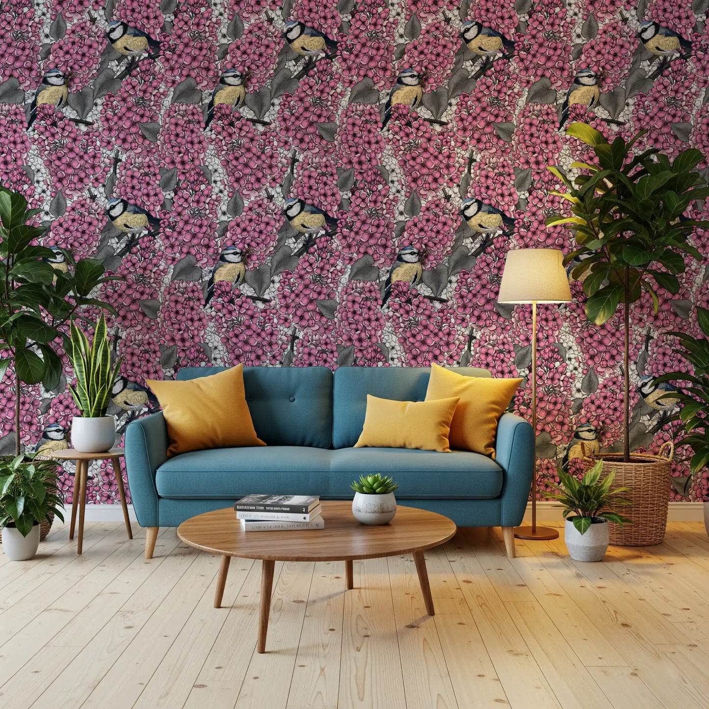 Living room areas include the Birds in pink lilac garden wallpaper.