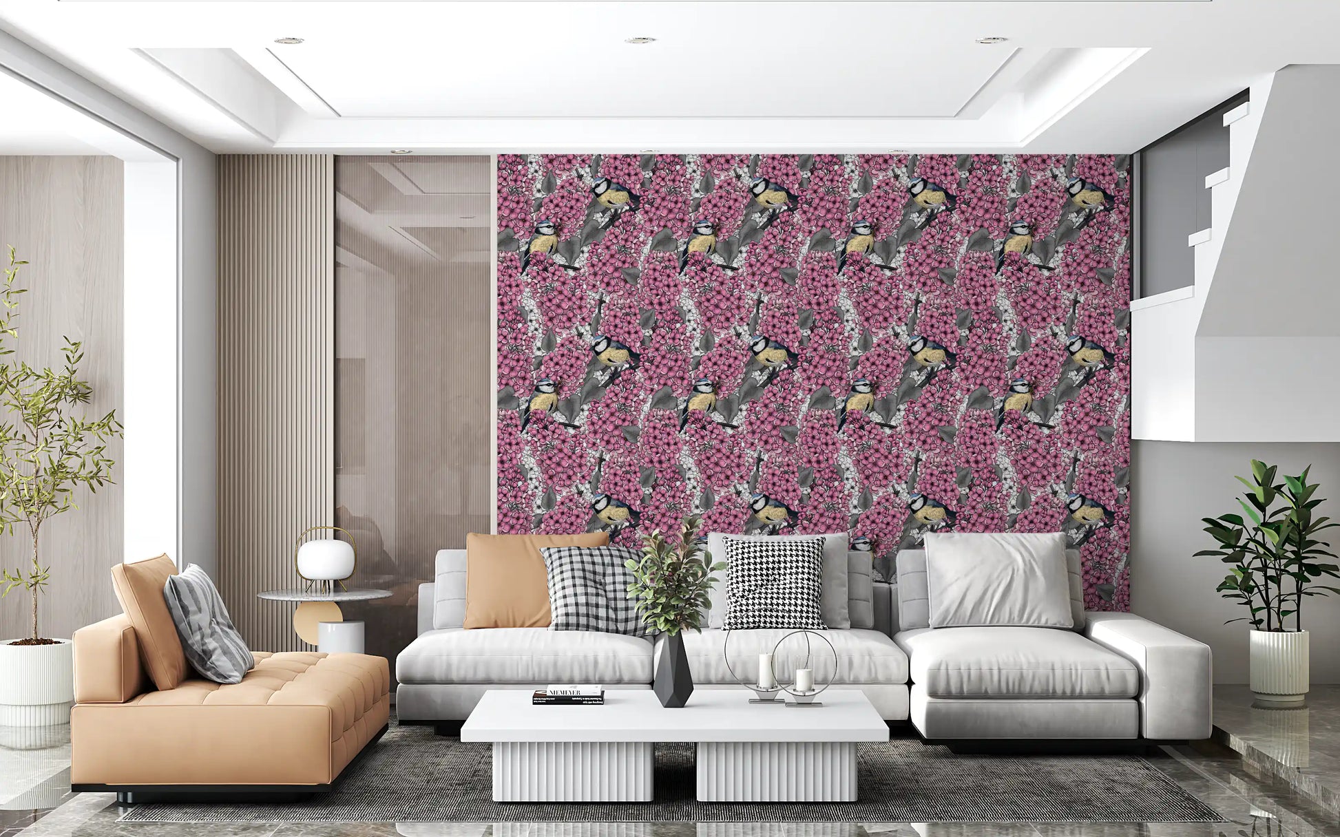 The Birds in pink lilac garden wallpaper shows grey leaves.