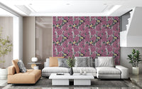 The Birds in pink lilac garden wallpaper shows grey leaves.