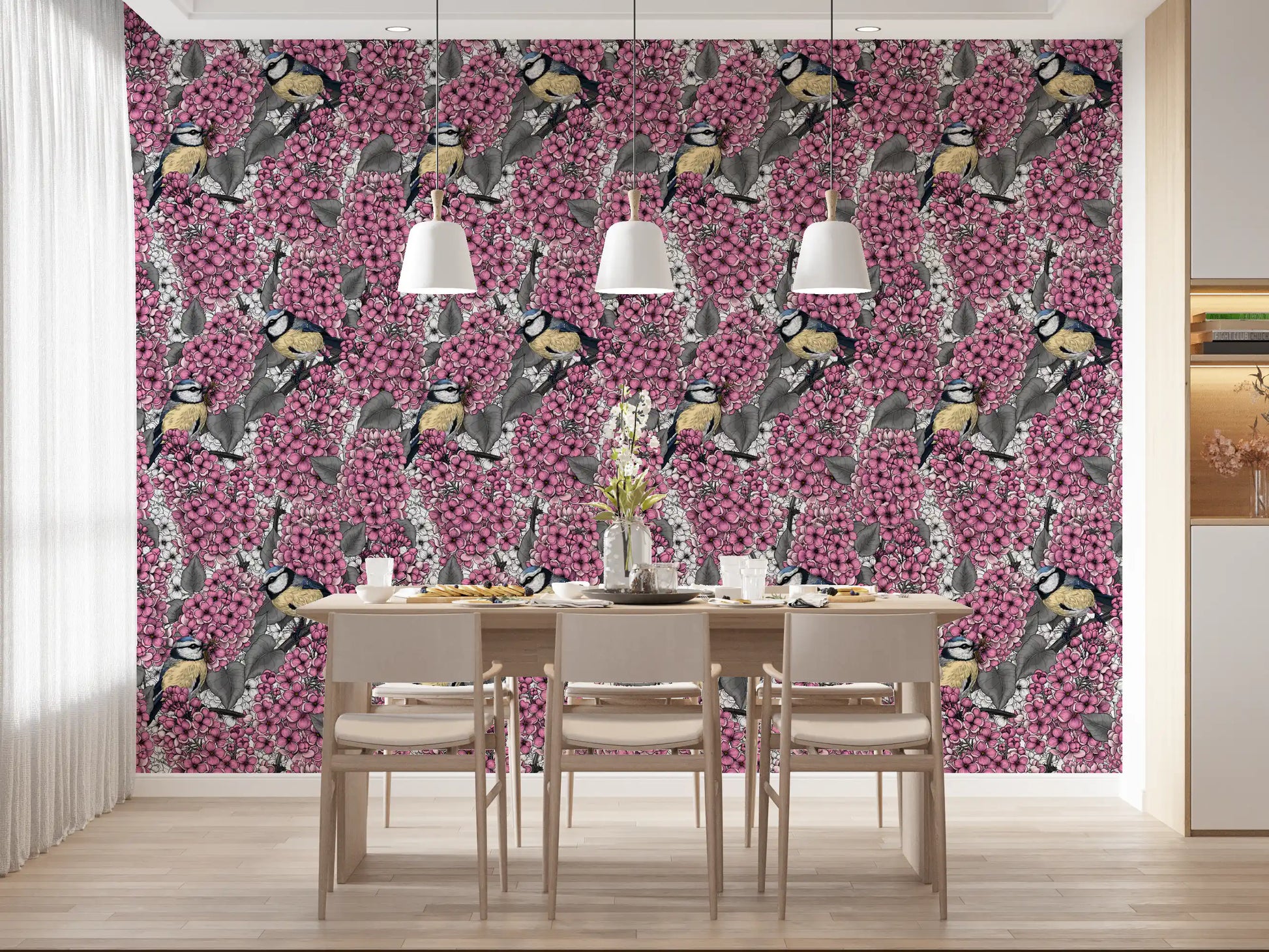 Pink petals dominate the Birds in pink lilac garden wallpaper.