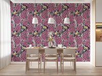 Pink petals dominate the Birds in pink lilac garden wallpaper.