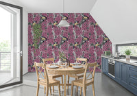 Kitchen and dining room incorporate the Birds in pink lilac garden wallpaper.