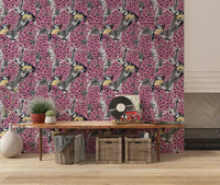 A Hallway uses the Birds in pink lilac garden wallpaper for a fresh look.
