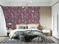 This Bedroom displays the Birds in pink lilac garden wallpaper.