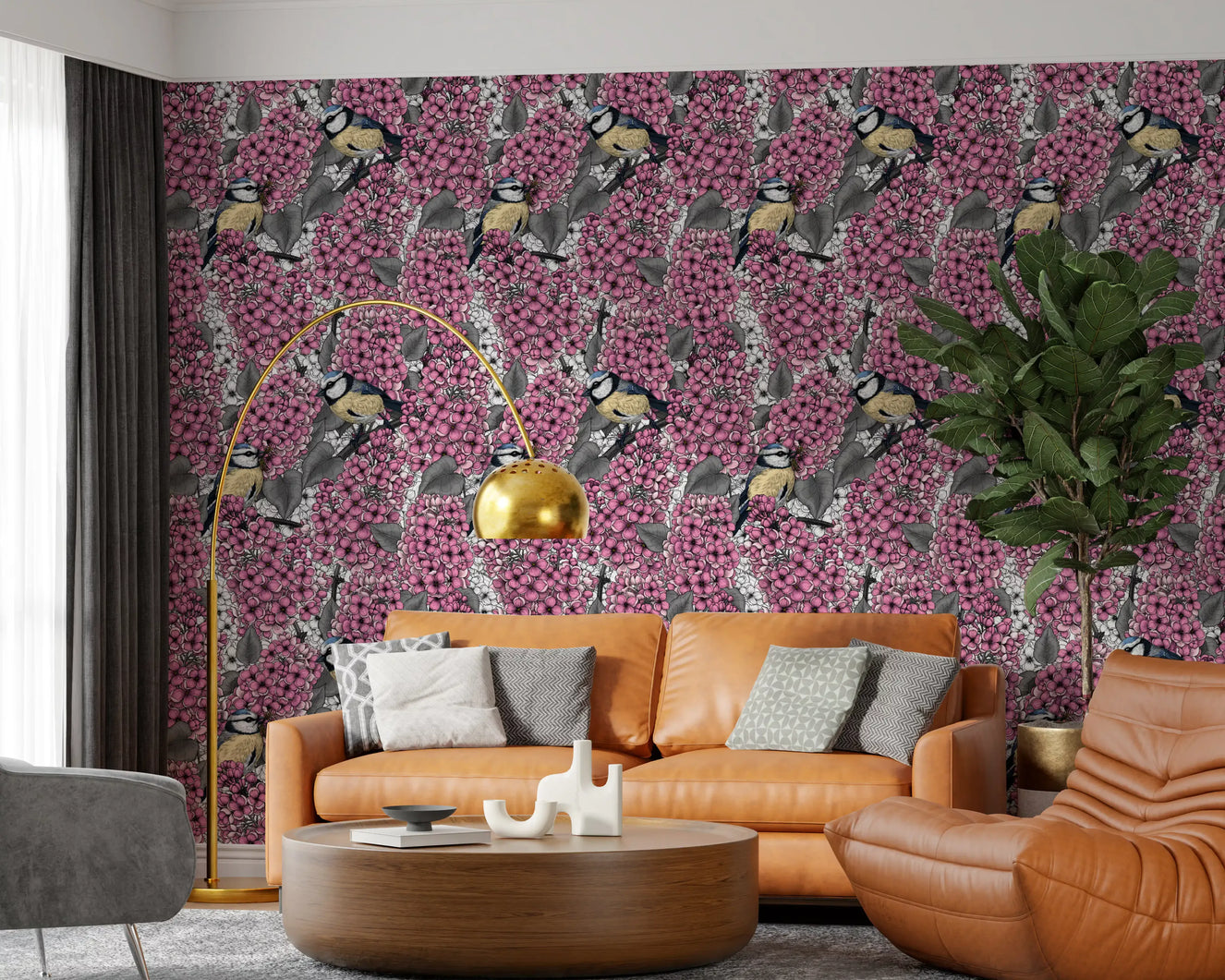 Birds in pink lilac garden  Wallpaper⁠