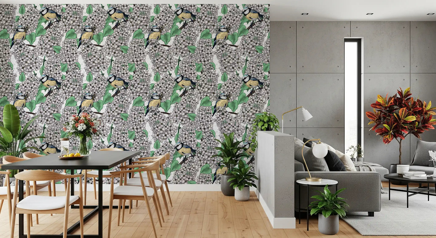 Detailed lilac wallpaper patterns the DIning and living room corridor into a garden.