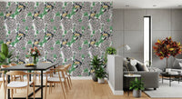 Detailed lilac wallpaper patterns the DIning and living room corridor into a garden.