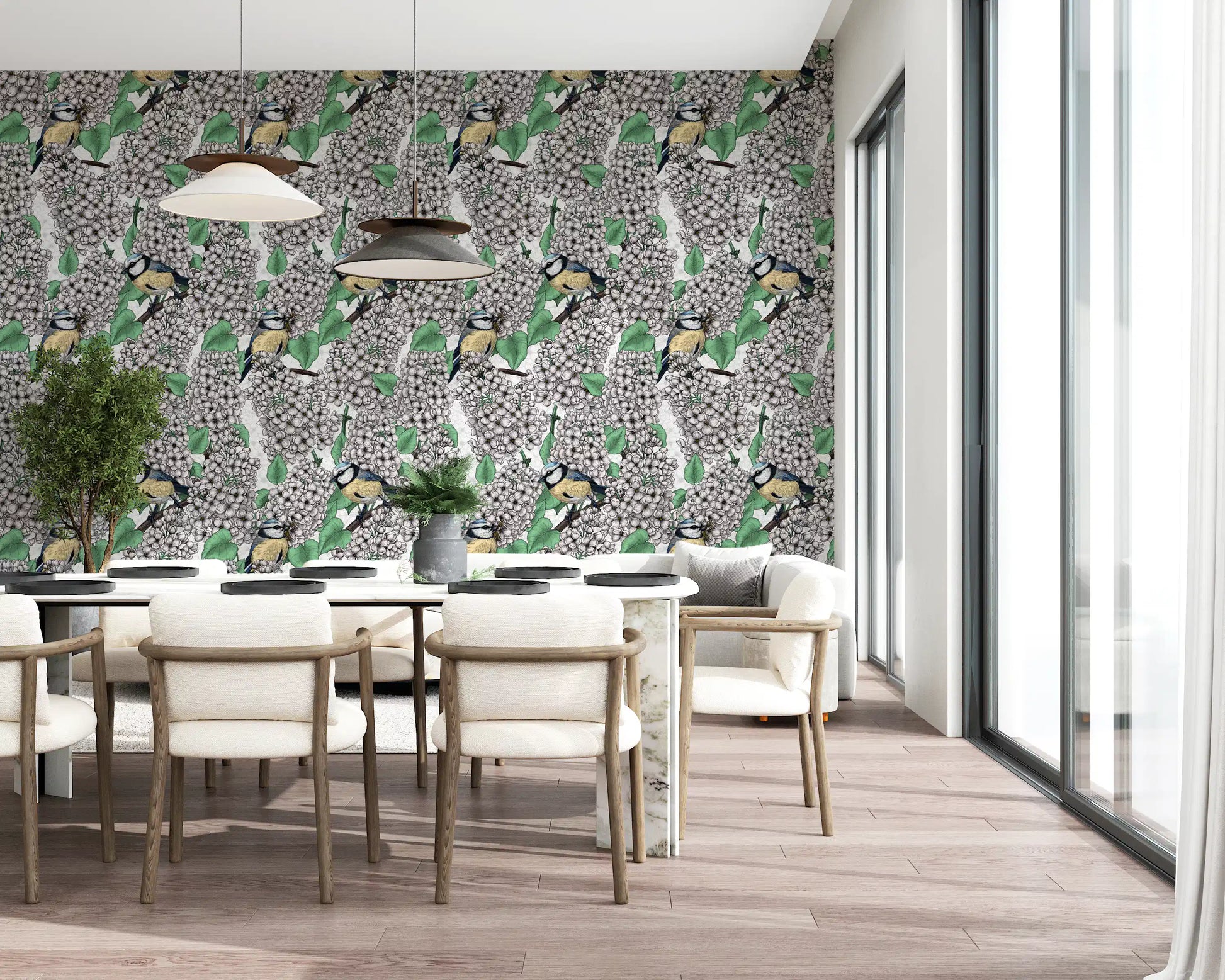 Covering dining zones, the lilac wallpaper brings a fresh botanical aesthetic.
