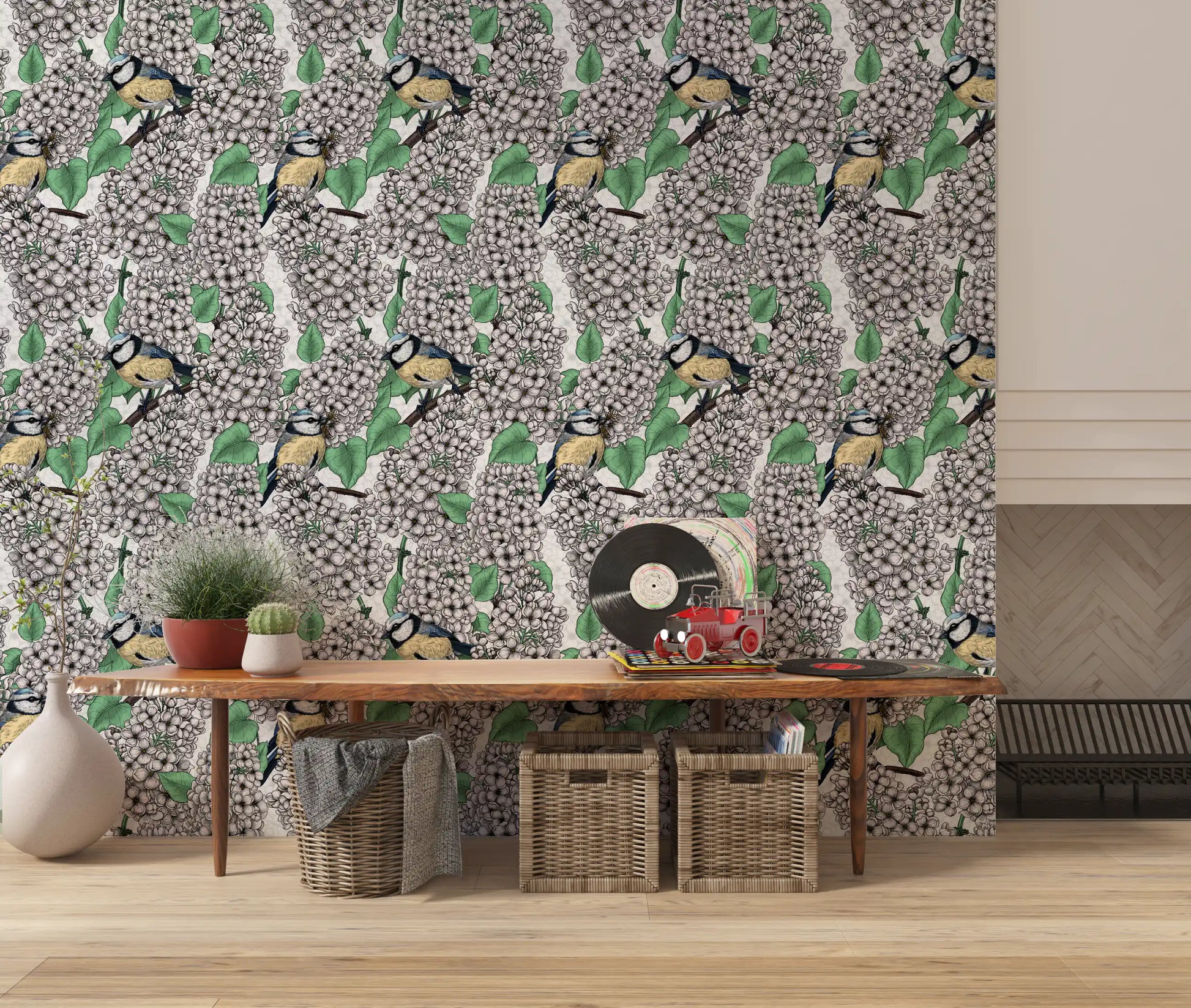 Small birds perch gracefully within this intricate and detailed wallpaper style.