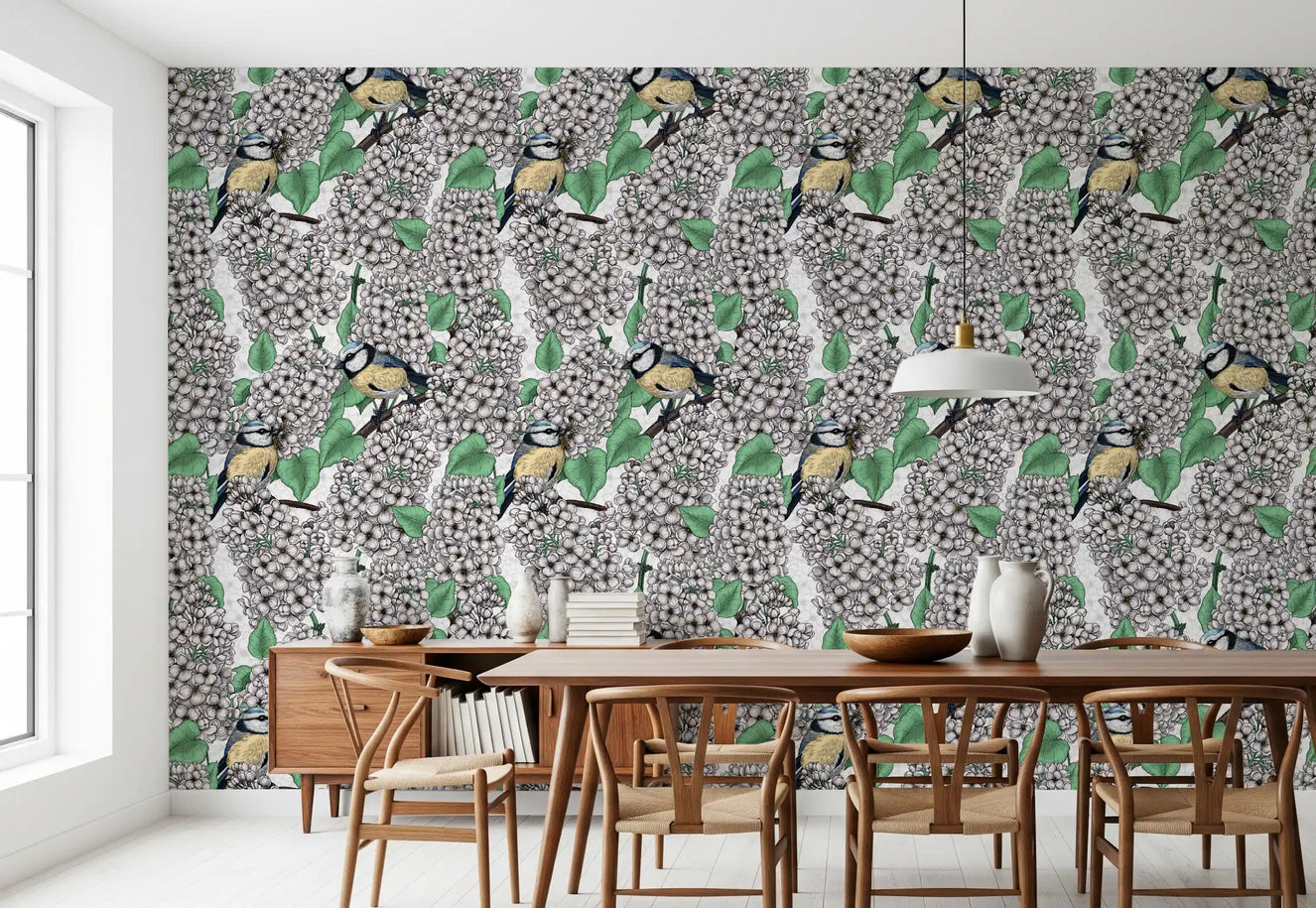 Birds in the lilac tree, white and green Wallpaper⁠