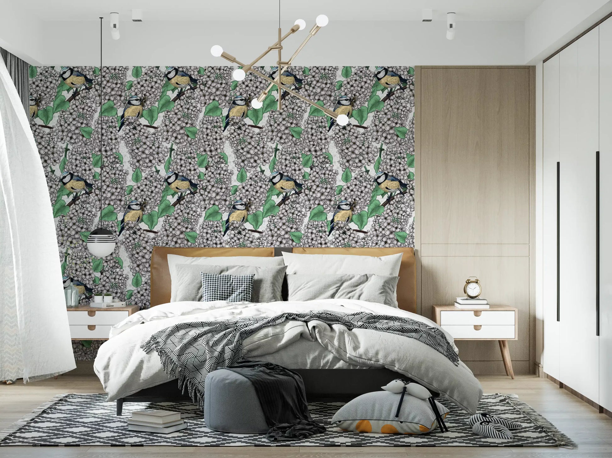View the Birds in the lilac tree, white and green Wallpaper inside the Bedroom.