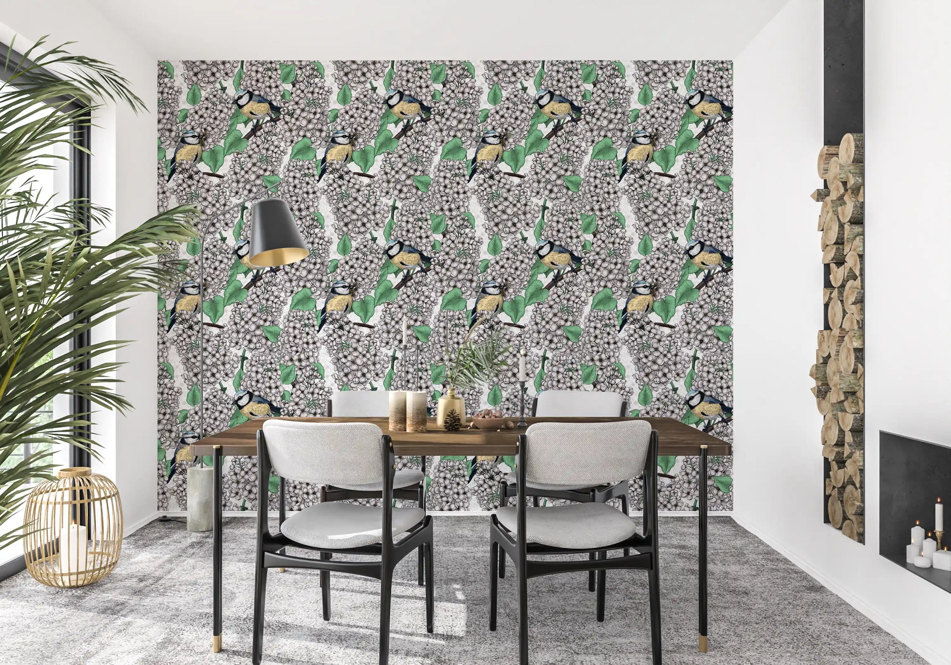 Detailed lilac blooms dominate the Birds in the lilac tree, white and green Wallpaper.