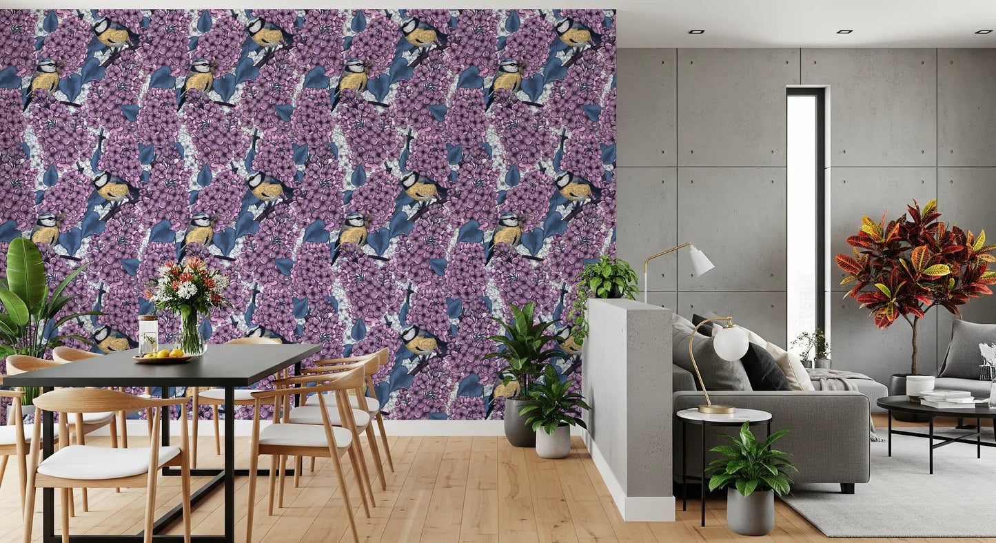 Intricate details define the Birds in violet lilac garden wallpaper pattern.