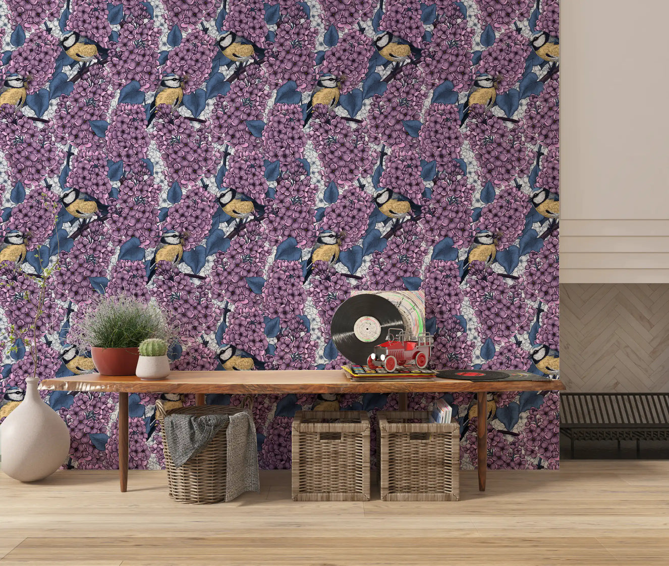 Birds in violet lilac garden  Wallpaper⁠
