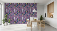 Observe the Birds in violet lilac garden wallpaper for fine artistic engraving.