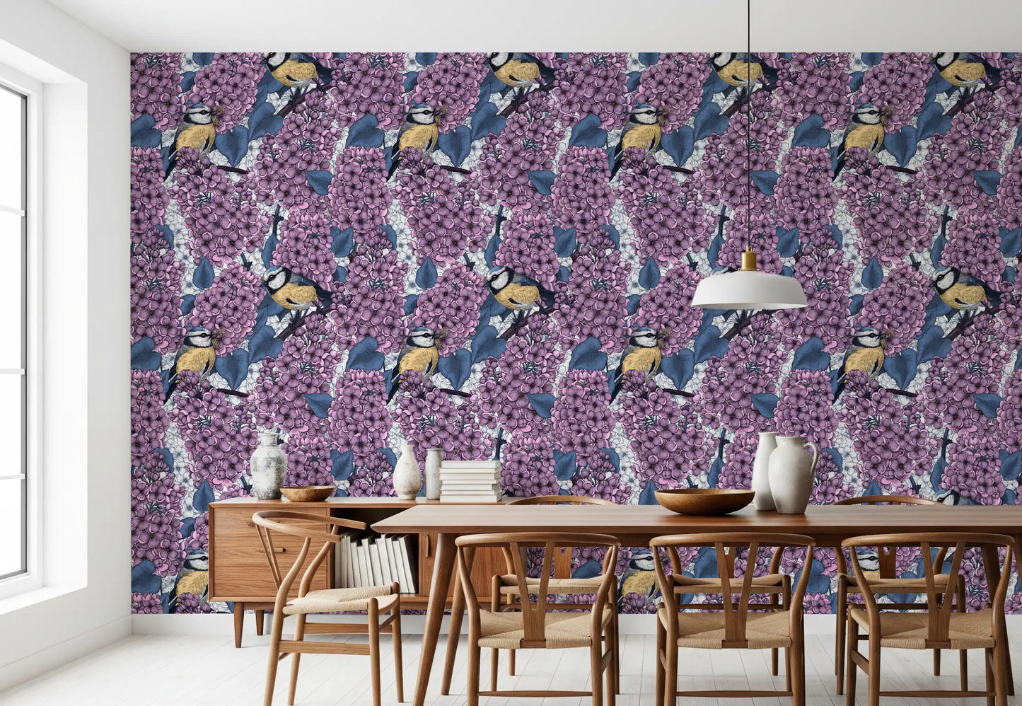 Create a botanical escape with the Birds in Dining room lilac garden wallpaper style.