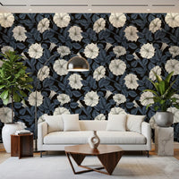 Deep floral motifs from the Moonflowers Wallpaper line this Living room.