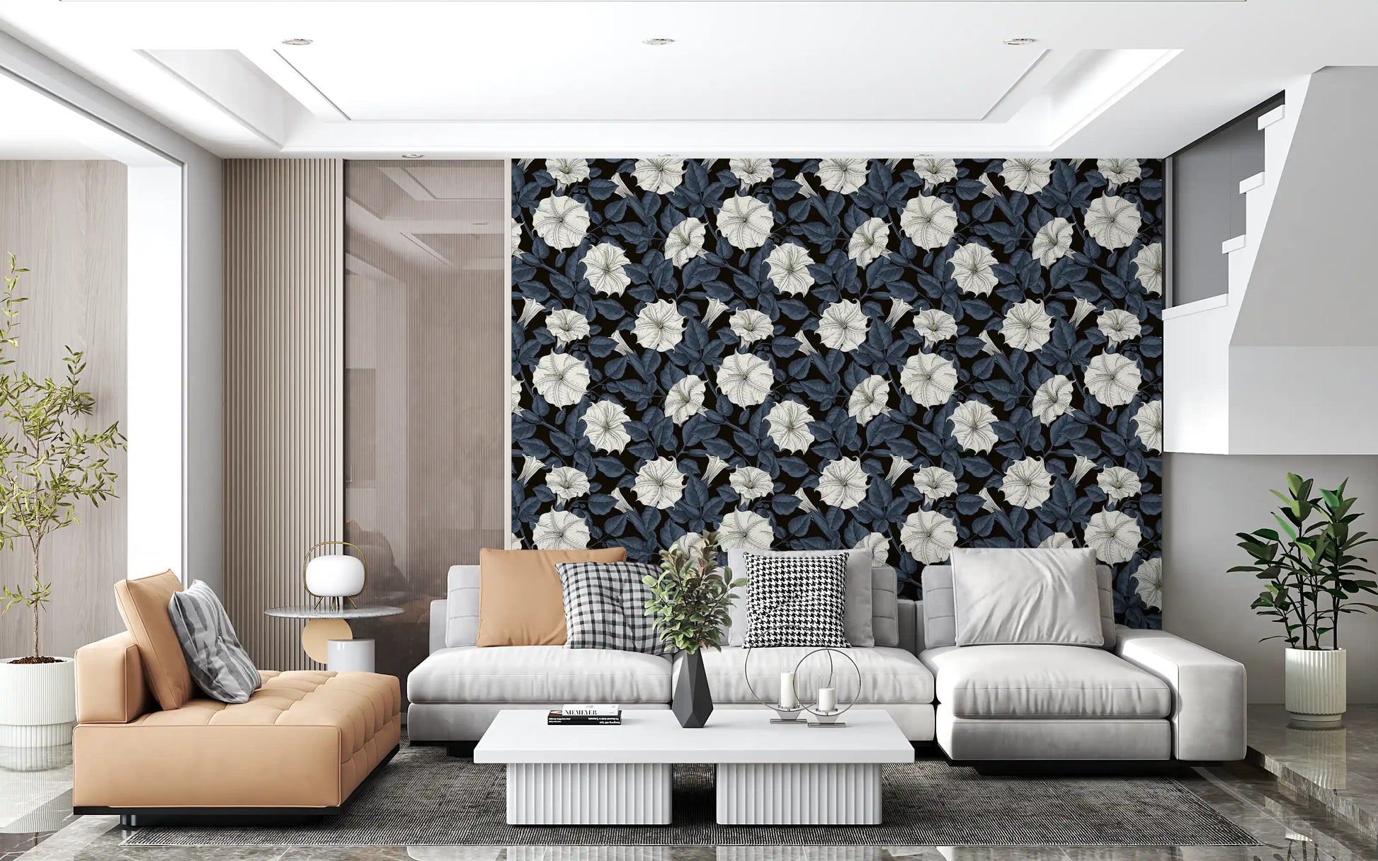 Living room area carry the intricate Moonflowers Wallpaper design.
