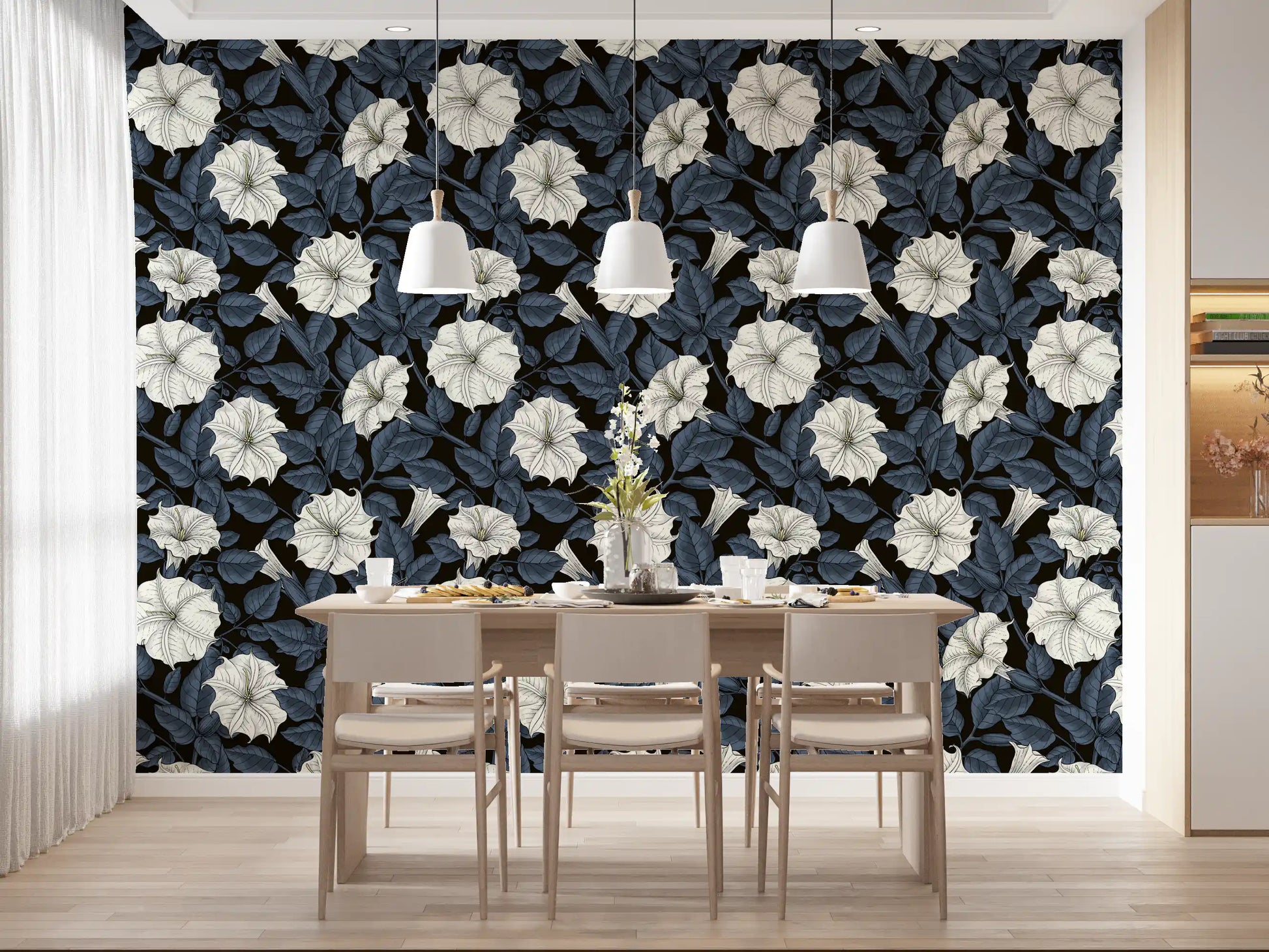 Dark blue leaves surround pale blossoms in this Moonflowers Wallpaper.