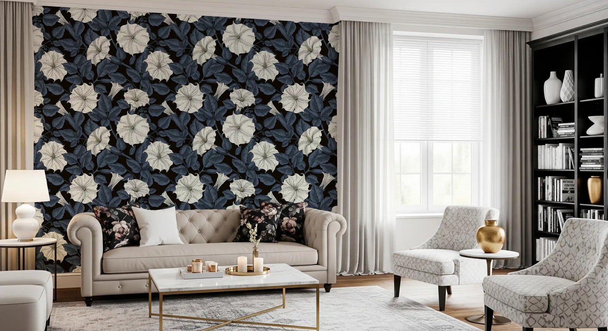 A restful atmosphere within the Living room highlights the Moonflowers Wallpaper.