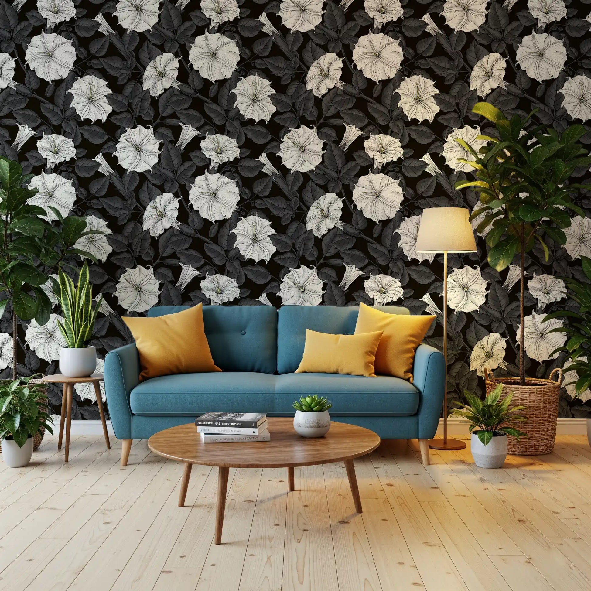 The Living room feels productive with bold moonflowers wallpaper applied.