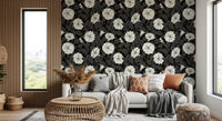 A Living room gains a sophisticated look with installed moonflowers wallpaper.