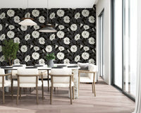 A Dining room space features a dramatic update using white moonflowers wallpaper.