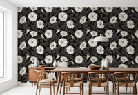 Dining room benefit from the moody aesthetic of moonflowers wallpaper.