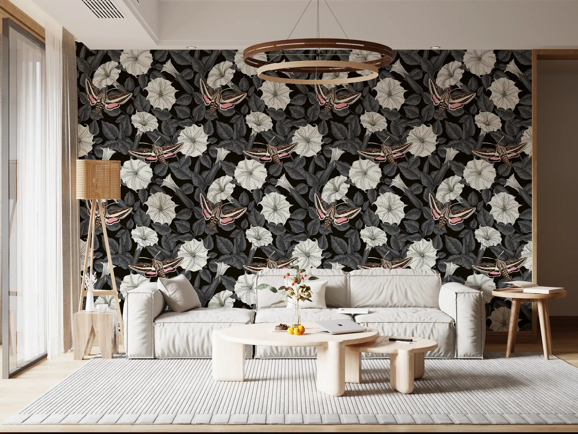 Intricate sphinx moths rest upon the Moonflowers and sphinx moths wallpaper.