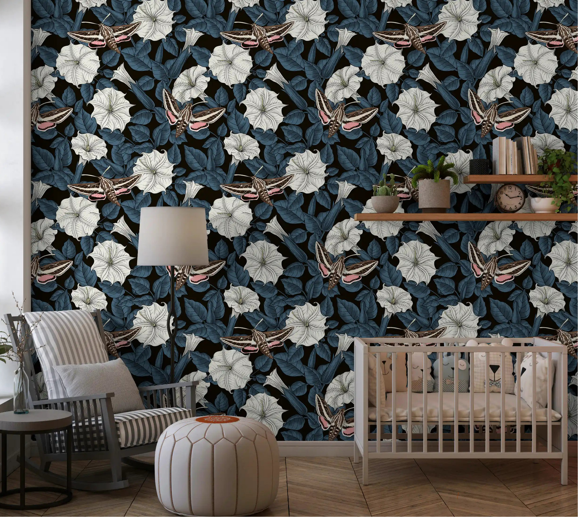 Nursery featuring the Moonflowers and sphinx moths wallpaper.