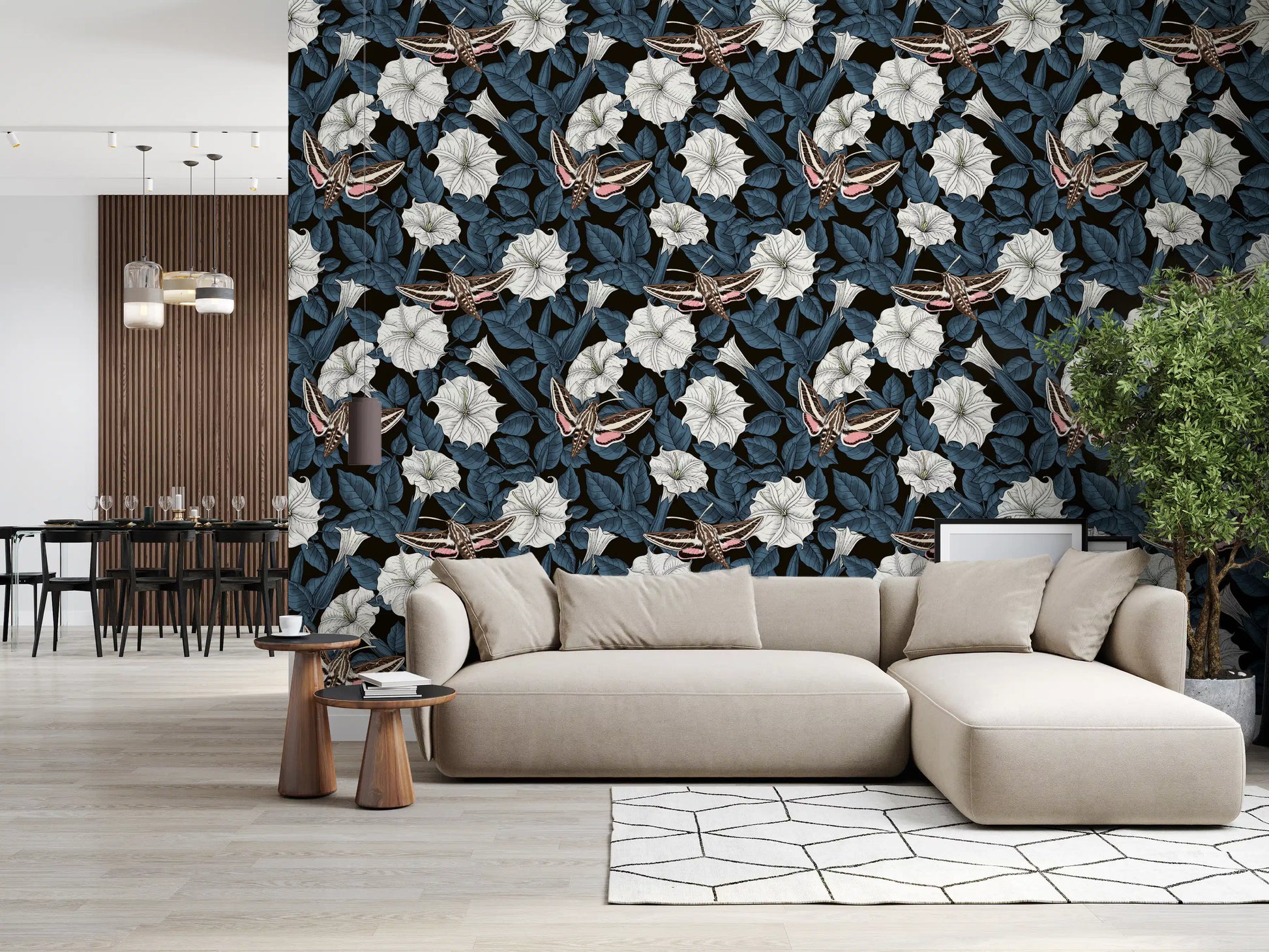 Living room atmosphere enhanced by Moonflowers and sphinx moths wallpaper.