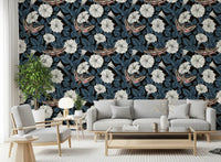 Lounge area showcasing the Moonflowers and sphinx moths wallpaper.