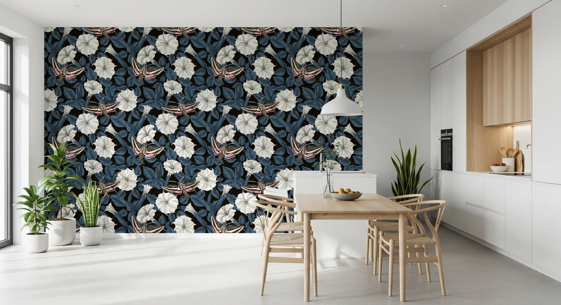 Dining room interior with the Moonflowers and sphinx moths wallpaper.