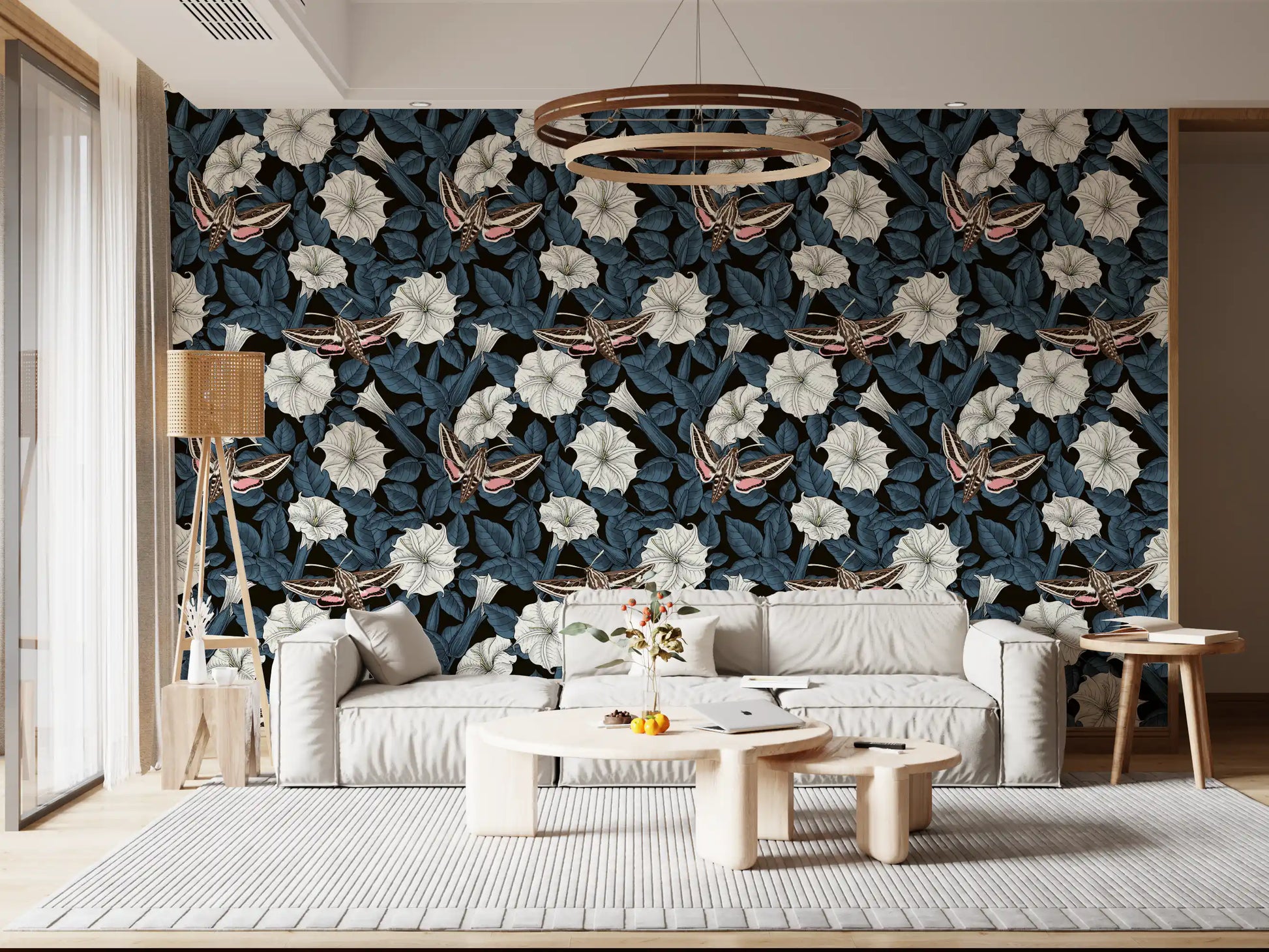 Lounge space updated with Moonflowers and sphinx moths wallpaper.