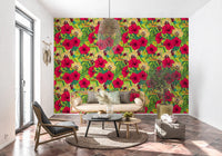Lush green leaves fill the Tropical Florals and Hummingbird wallpaper.