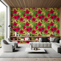 A modern Lounge holds the Tropical Florals and Hummingbird wallpaper.