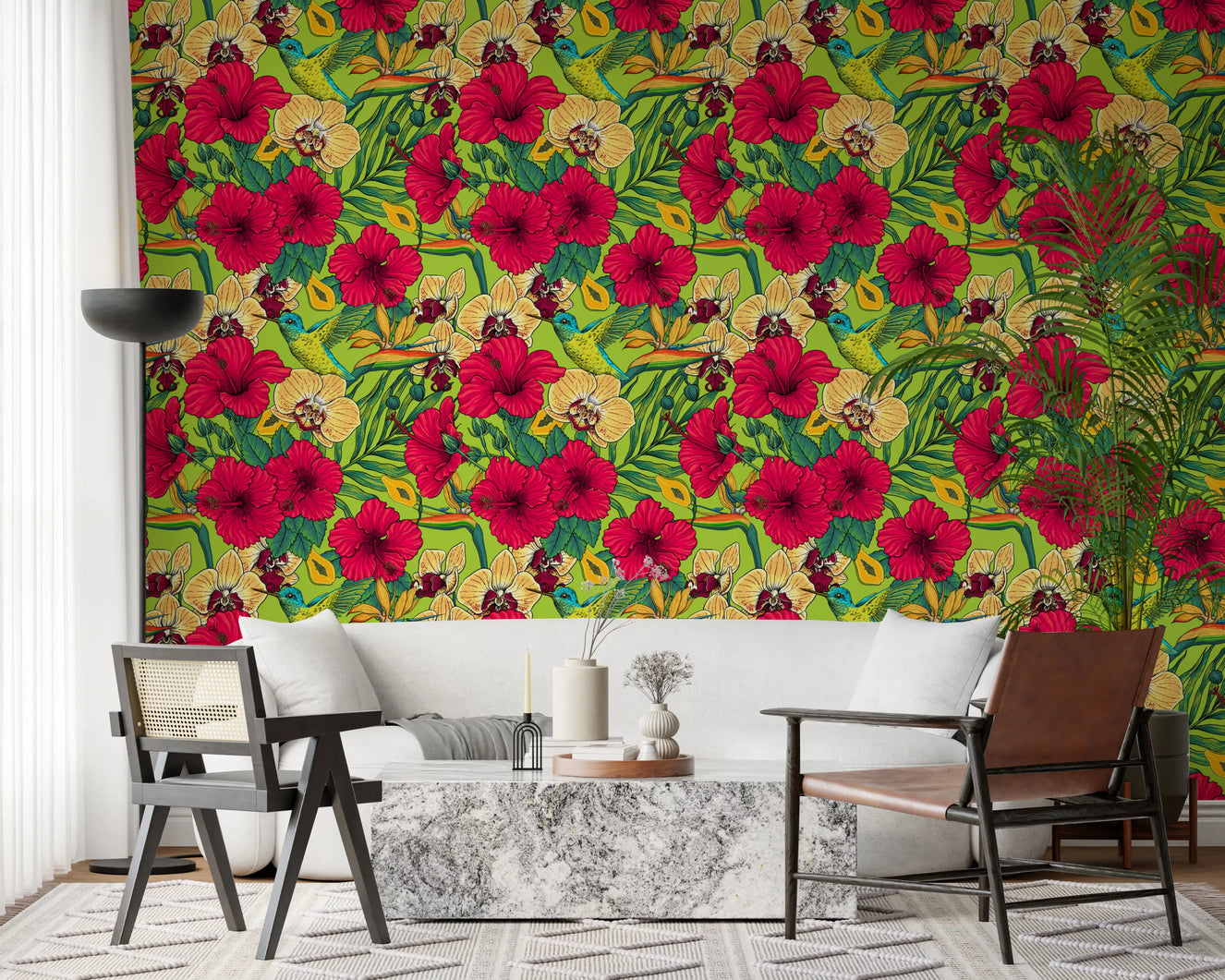Tropical Florals and Hummingbird - Summer Botanical Garden Wallpaper⁠