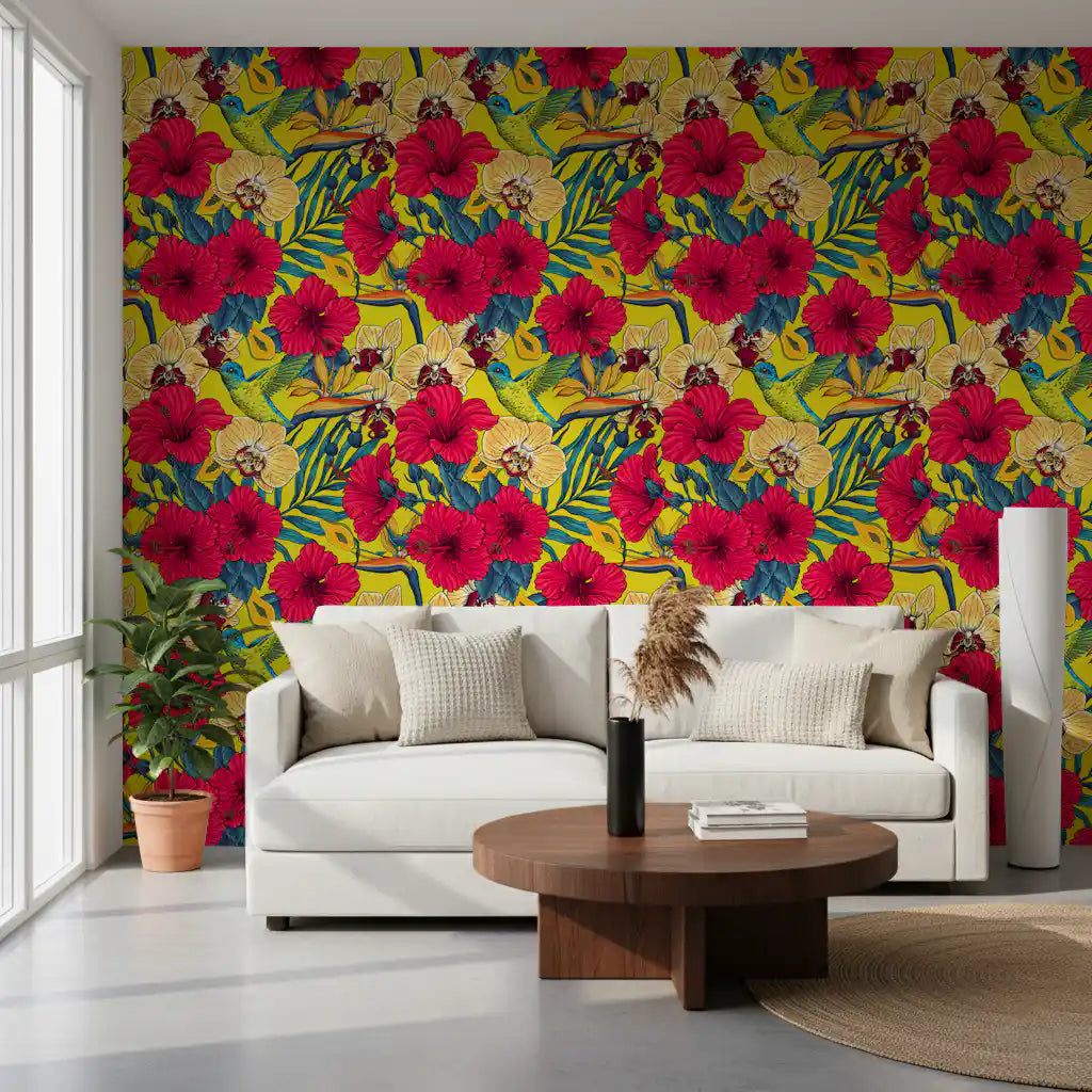 Tropical Florals and Hummingbird - Summer Botanical Garden 2 Wallpaper⁠